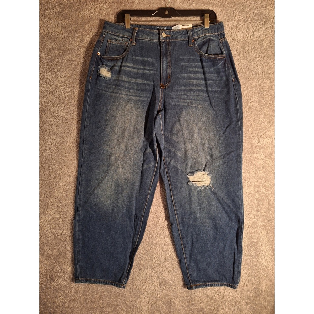 Time and Tru Womens High Rise Barrel Jeans Size 14 Medium Wash Distressed NEW